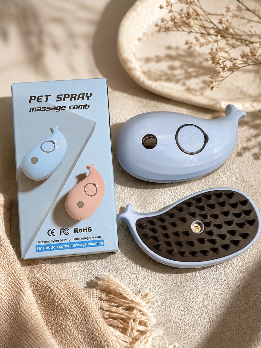 Whale Pet Spray Massage Comb - Light Blue